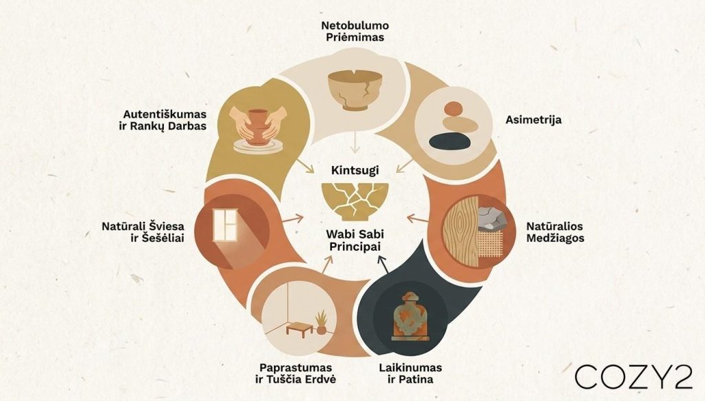 7 pagrindiniai wabi sabi interjero principai – netobulumo priėmimas, asimetrija, natūralios medžiagos, patina, paprastumas, natūrali šviesa ir rankų darbas
