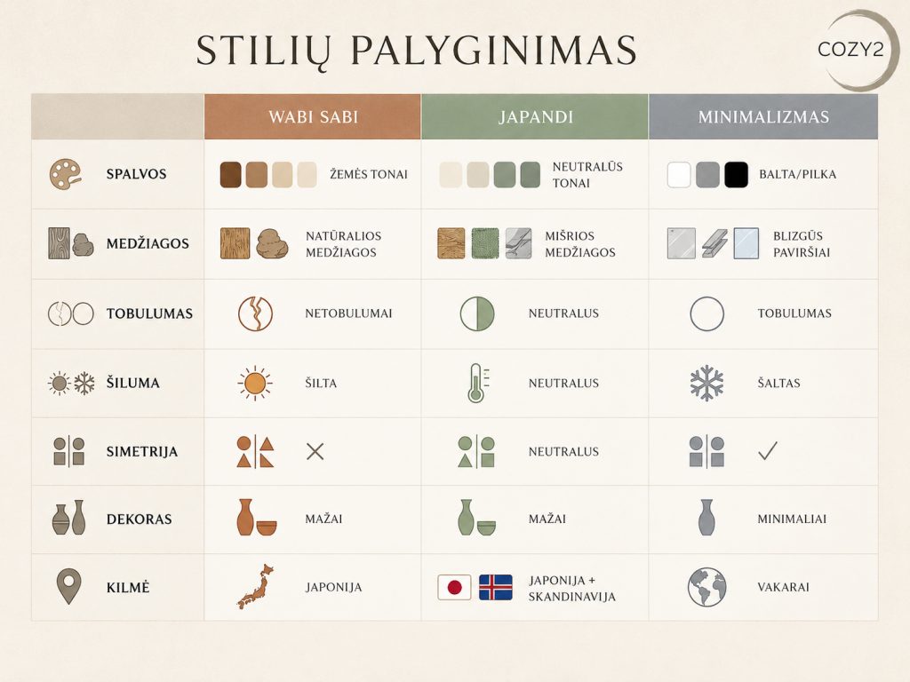 Wabi sabi vs. Japandi vs. minimalizmas – trijų interjero stilių palyginimas pagal spalvas, medžiagas, šilumą ir dekoro kiekį
